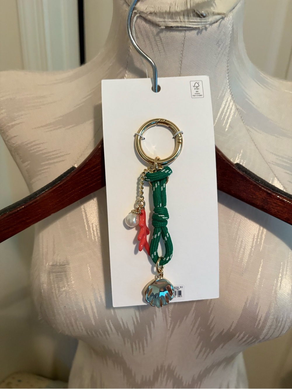 J. Crew Green Rope Keychain with Coral Charm and Pearl Accent NWT $39.50